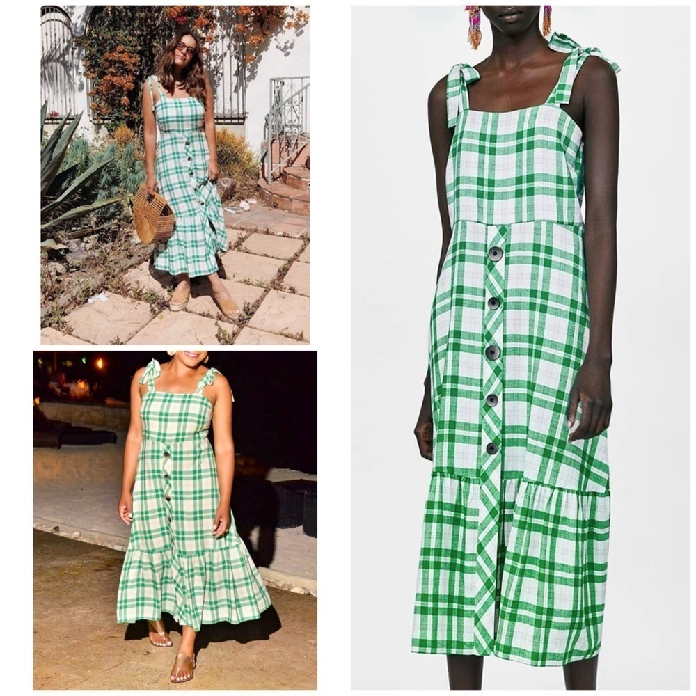 EUC Zara Green Checked Plaid Gingham Midi Boho Influencers Fav Cotton Dress L‌‌